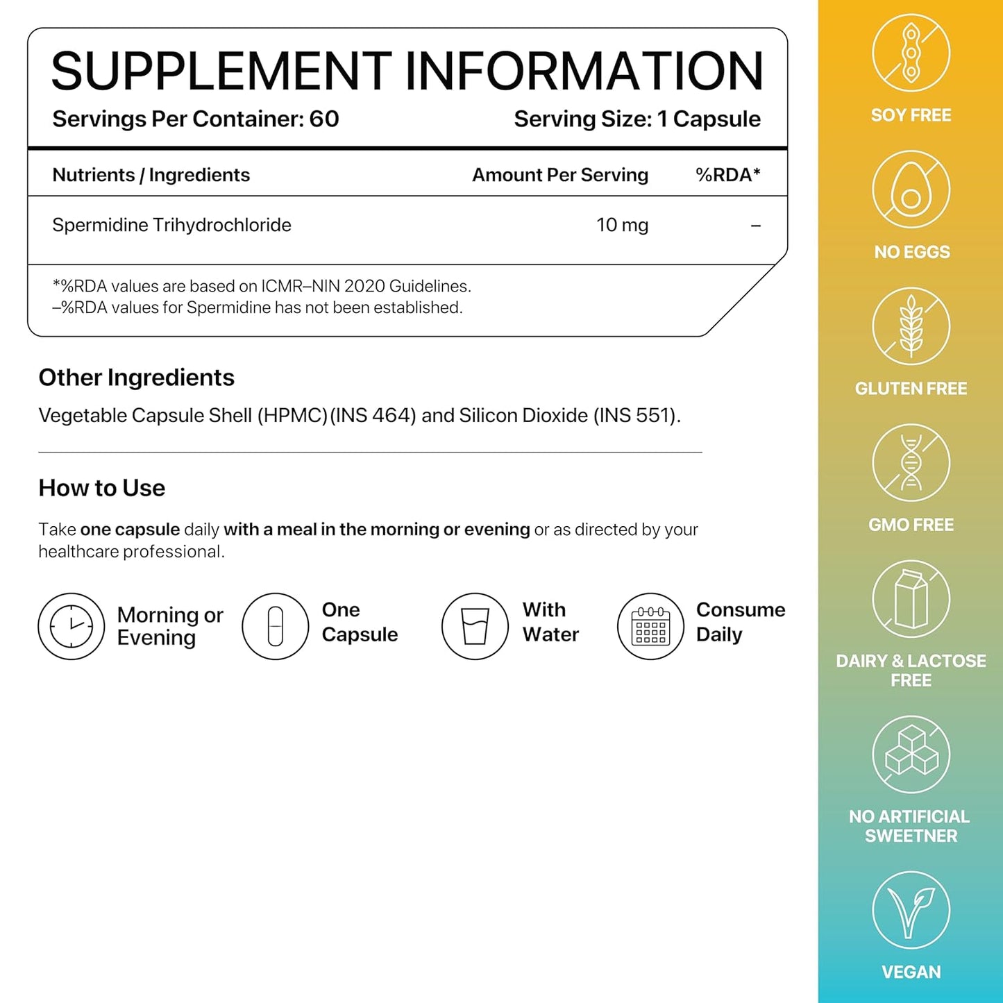 Supplement information label with icons indicating free from allergens on a gradient background