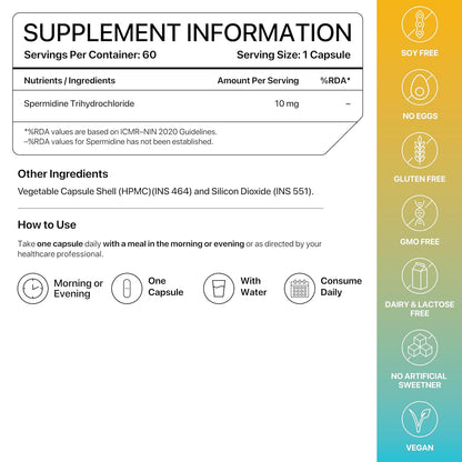 Supplement information label with icons indicating free from allergens on a gradient background