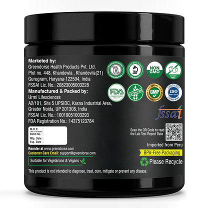 GREENDORSE Peruvian Black Maca Root Powder Concentrate | Rich in Macamide & Macaenes, 3rd Party Lab Tested | Stamina & Reproductive Health Support, Performance,Vitality- High Potency-50g