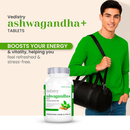 Vedistry Ashwagandha+ Tablets – 60 Tablets | Ayurvedic Tablets for Stamina, Stress, Rejuvenates Mind & Immunity Support with Ashwagandha & Piperine | Natural Supplement for Energy, Vitality, Muscle Recovery & Strength (Pack of 1)