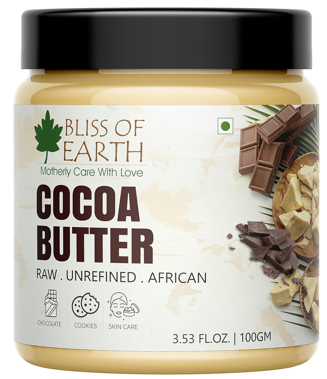 Bliss of Earth African Cocoa Butter, Rich in Fatty Acids and Antioxidants, Raw Cocoa Chocolate Butter, Vegan, PETA Approved, Moisturizes, Prevents Stretch Marks, Anti-Aging, 100 g,