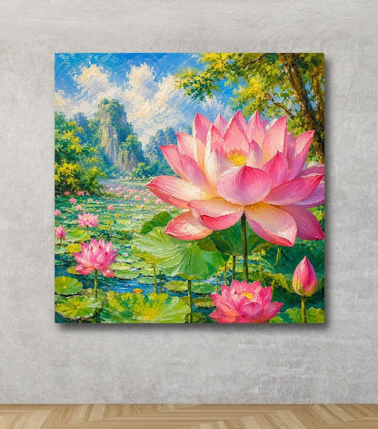 Lotus Flower Painting for Wall Vastu (15+ DESIGNS) Framed Lotus Canvas Painting for Living Room, Bedroom | Nature Floral Wall Art with Multiple Design Variations (Two Lotus, 18x18 Inch, Framed)
