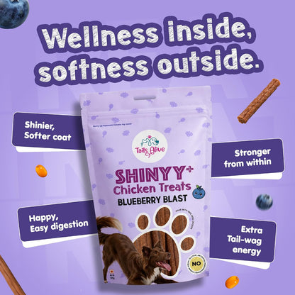 TailsAlive Shinyy+ Treats for Dogs | Skin & Coat Support | No Added Sugar | Fish Oil, Sea Buckthorn & Collagen | Blueberry Blast | 100g