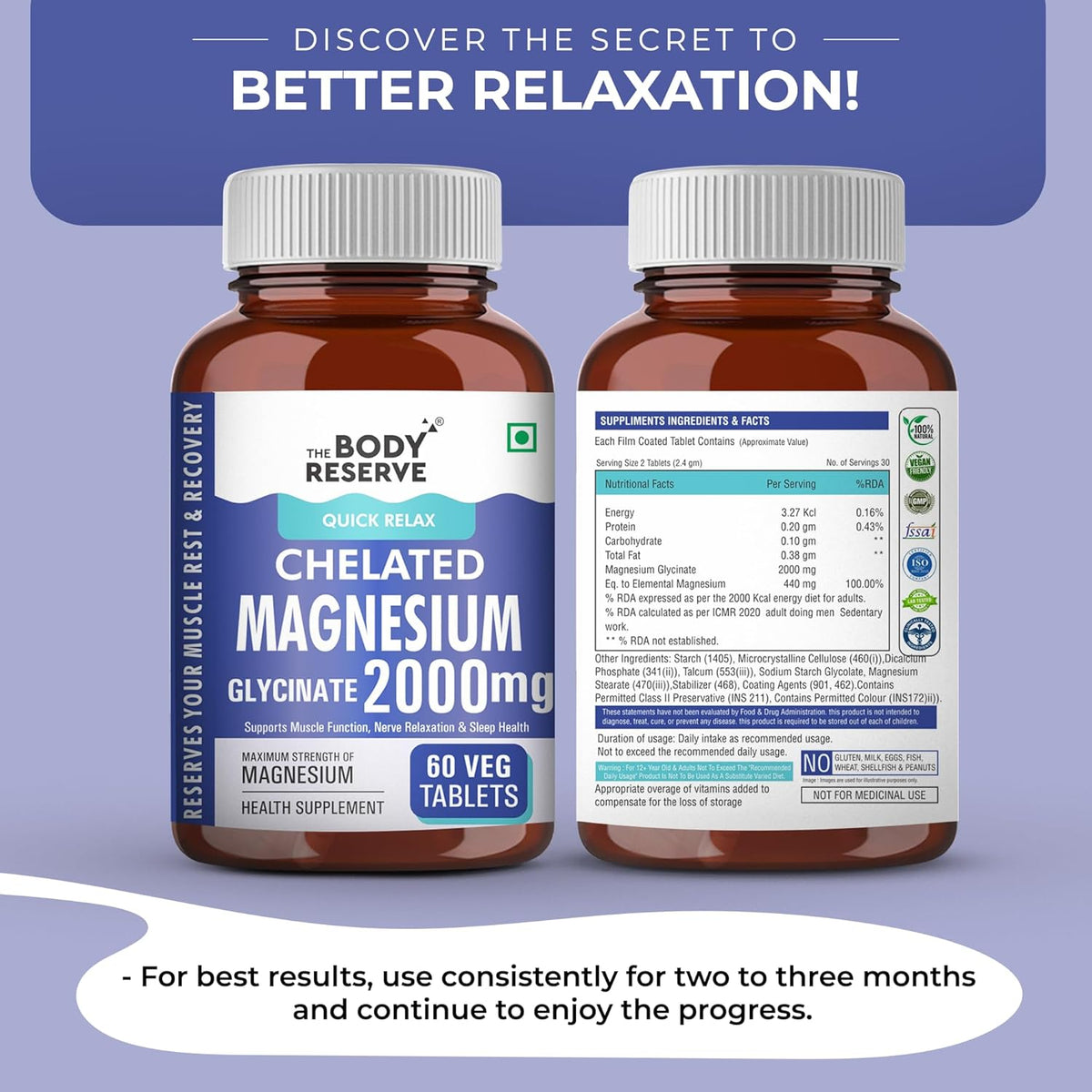 Two bottles of The Body Reserve Chelated Magnesium Glycinate 2000mg supplement on a purple background.