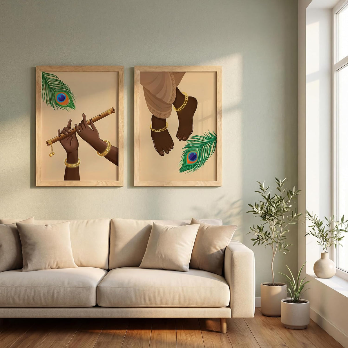 Krishna Flute Hands Charan Feet Wall Art Painting | Set of 2 Framed Paintings | Spiritual Decor for Living Room Mandir Pooja Room Bedroom | (ART 6, 13x19 INCHES)