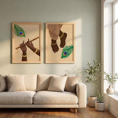 Krishna Flute Hands Charan Feet Wall Art Painting | Set of 2 Framed Paintings | Spiritual Decor for Living Room Mandir Pooja Room Bedroom | (ART 6, 13x19 INCHES)