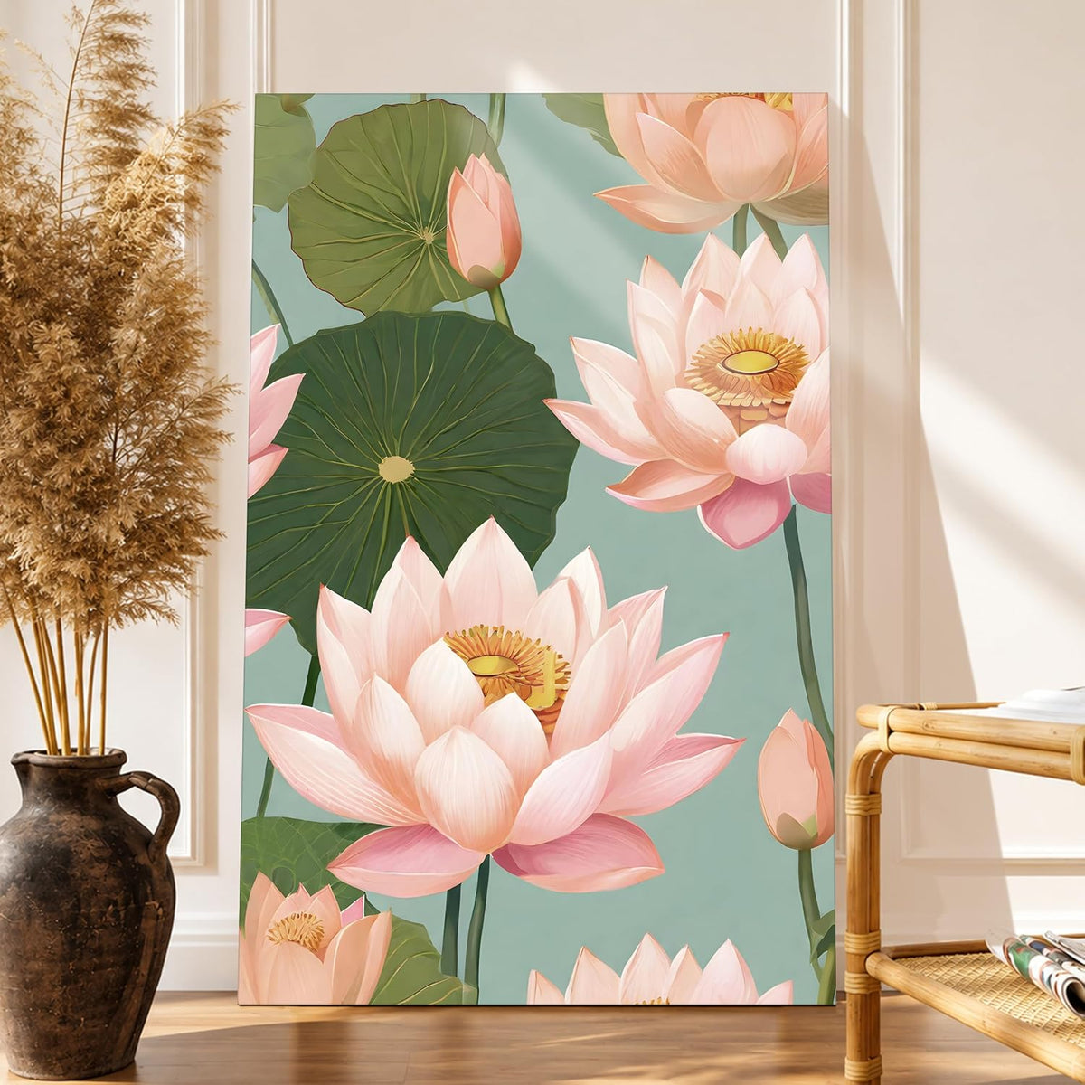 Abstract Pink Lotus Flowers Vastu Canvas Wall Art Painting For Living Room, Botanical Floral Painting, Pastel Calm Floral Wall Art for Home, Bedroom, Office (22x34 Inch)