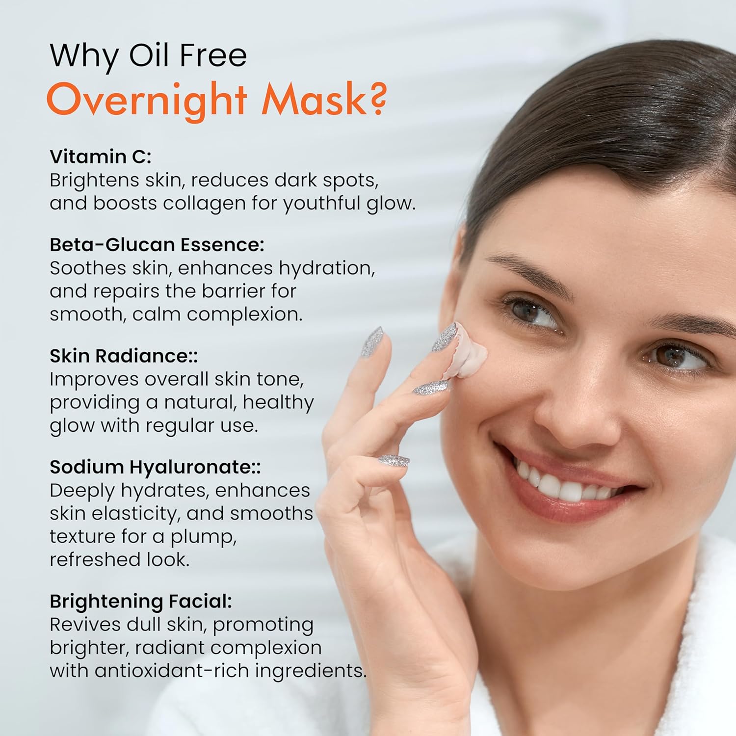 Woman applying oil-free overnight mask with product benefits listed on a light gray background