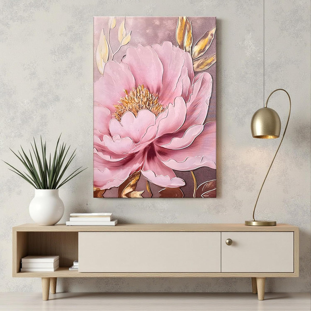 Stretched Canvas Pink Peony Wall Art Painting Abstract Floral Canvas 3D Textured Painting for Living Room Abstract Paintings for Bedroom Office Wall Décor Hand Painted Art 61x91 cm