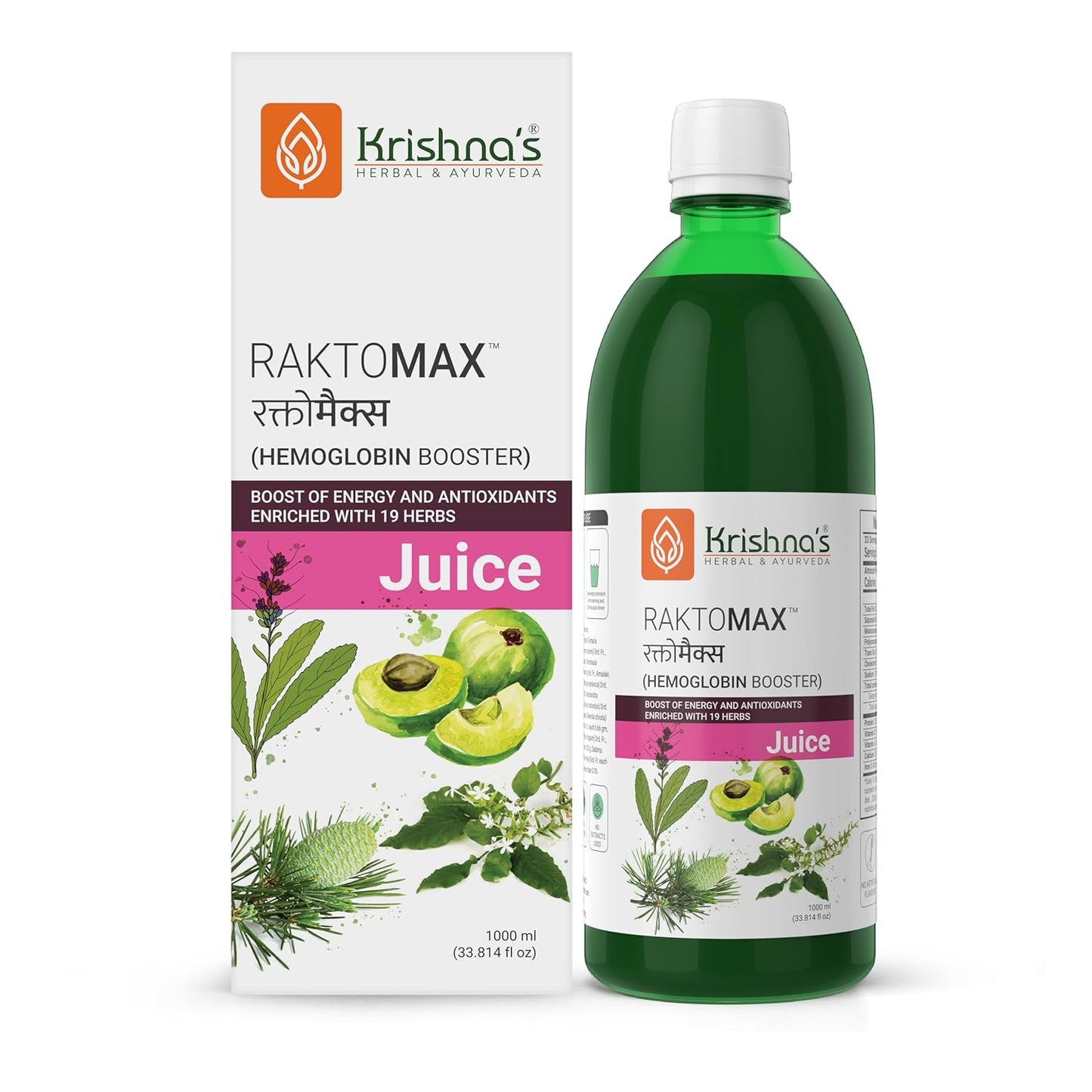 Krishna's Raktomax Juice with Power of Devdaru, Kutki, Amla & 13+ Potent Ayurvedic Herbs for Hemoglobin Boost, Improves Iron Absorption, Energy Support, Detoxification - 1000 ml (Pack of 1)