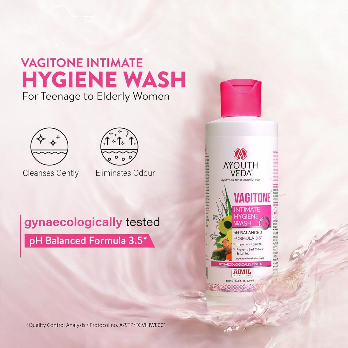 Ayouthveda Vagitone Intimate Hygiene Wash | Enriched With Aloe Vera, Amla & Green Tea | PH Balancing Formula, Prevents Dryness, Itchiness & Bad Odor | For Women (Pack Of 1-100ml)