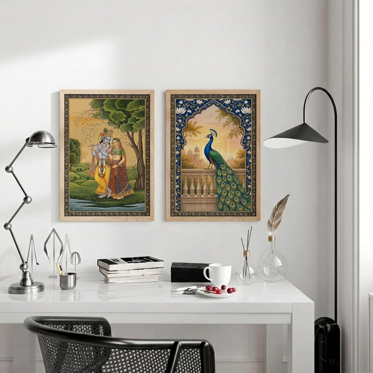 Radha Krishna Miniature Painting with Peacock Wall Art | Set of 2 Framed Paintings | Traditional Mughal Indian Decor for Living Room Bedroom | (ART 4, 13x19 INCHES)