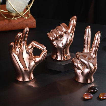 Set of 3 Hand Sign Gesture Showpiece Statue Collectible Figurines (Ceramic, Copper) for Home Decor Living Room Bedroom Wall Shelf Office Table Top Decoration Gifting Items, Religious