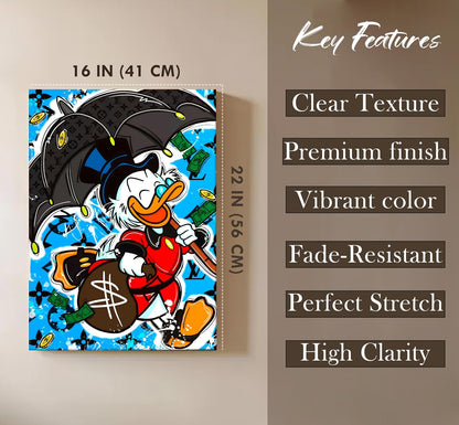 Luxury Cartoon Duck Pop Art Canvas Wall Art Painting For Living Room | Money & Success Theme Street Art Wall Art Painting | Modern Graffiti Style Artwork for Home & Office, 41x56 cm
