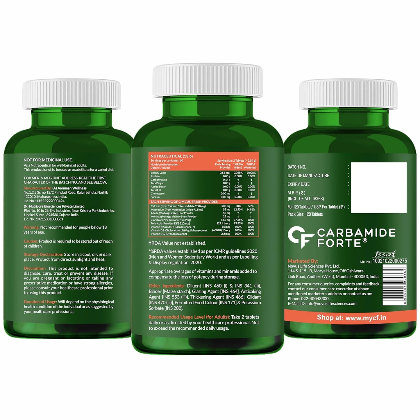 Carbamide Forte Calcium & Vitamin D3 Tablets | Calcium Magnesium Zinc - Bone Health & Joint Support - 120 Tablets, 227 Grams