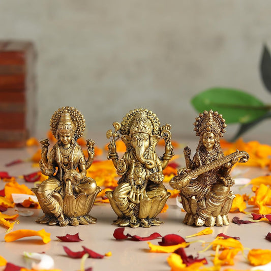 Brass Lakshmi Ganesh Saraswati Idol Set for Pooja Room | Pure Brass Lakshmi Ganesh Saraswati Murti for Home (Design07: L3 x W2 x H5 cm)