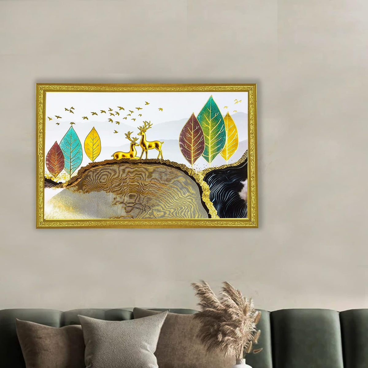 3D Golen Foil Modern Art Landscape with 2 Deer | Framed Painting | Ready to Hang - (Multicolor, 14 Inch x 20 Inch)