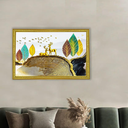 3D Golen Foil Modern Art Landscape with 2 Deer | Framed Painting | Ready to Hang - (Multicolor, 14 Inch x 20 Inch)