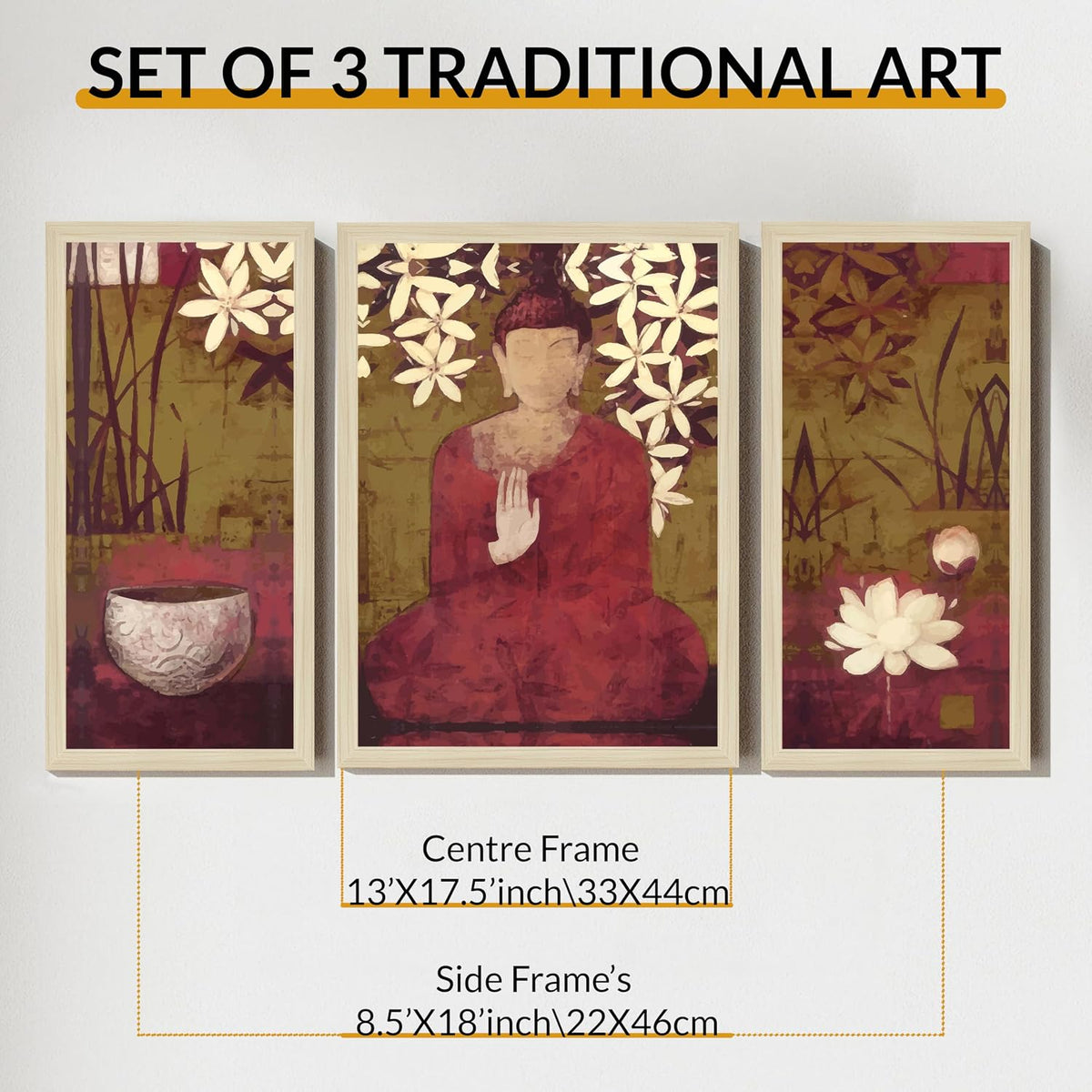 Buddha Floral Abstract Framed Wall Art Painting Home Décor Pack Of 3 | Digital Scenery Painting with Frame | Suits Hallways, Living Room, Bedroom, Office Set Of 3, 22x46 cm, 33x44 cm