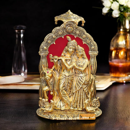 KridayKraft Metal Radha Krishna Idol with Cow Decorative Showpiece Statue for Puja Room Home Office Desk Gift Items Ornate Metal Sculpture of Hindu Deities (Height 33 CM)