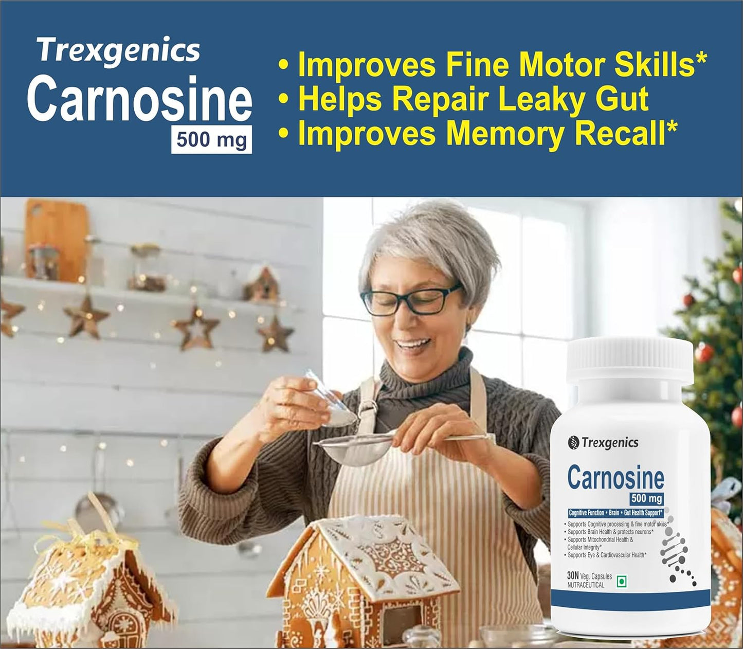 Trexgenics L-CARNOSINE 500 mg ADHD, ADD Care, Cognitive Function, Brain & Gut Health Support (30 Veg Capsules) (Pack of 1)