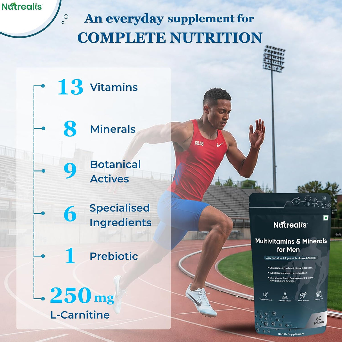 Nutrealis Multivitamin for Men with Ashwagandha, L-Carnitine, Zinc & Magnesium (60 Tablets) | Daily Energy, Immunity, Muscle & Performance Support | Multivitamin Tablets for Men