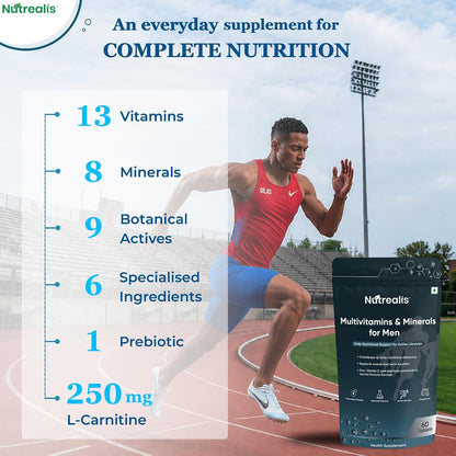 Nutrealis Multivitamin for Men with Ashwagandha, L-Carnitine, Zinc & Magnesium (60 Tablets) | Daily Energy, Immunity, Muscle & Performance Support | Multivitamin Tablets for Men