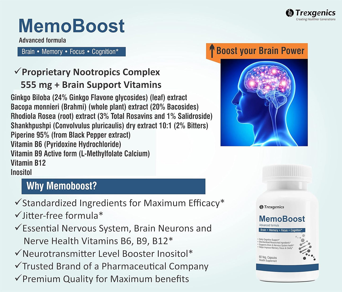Advertisement for MemoBoost with product details and branding on a light blue background