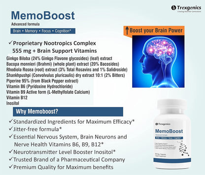 Advertisement for MemoBoost with product details and branding on a light blue background