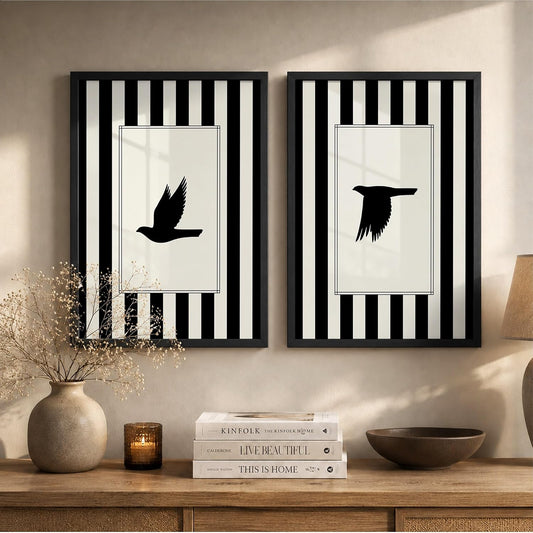 Flying Birds Wall Art Set of 2 Framed Paintings | Black White Striped Minimal Bird Silhouette Poster | Living Room Bedroom Home Décor (Art 13, 10x13 Inches, Black)