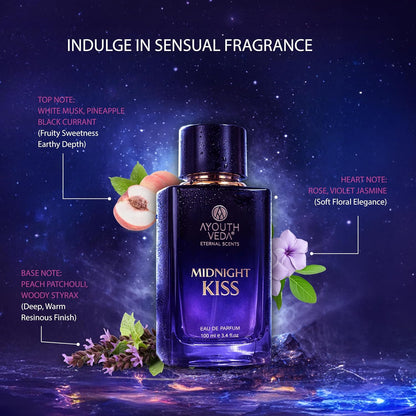 Ayouthveda Midnight Kiss Eau De Parfum for Women | Long Lasting Luxury Perfume | White Musk, Peach, Patchouli & Jasmine Notes | Elegant Evening Fragrance Spray | 100ml