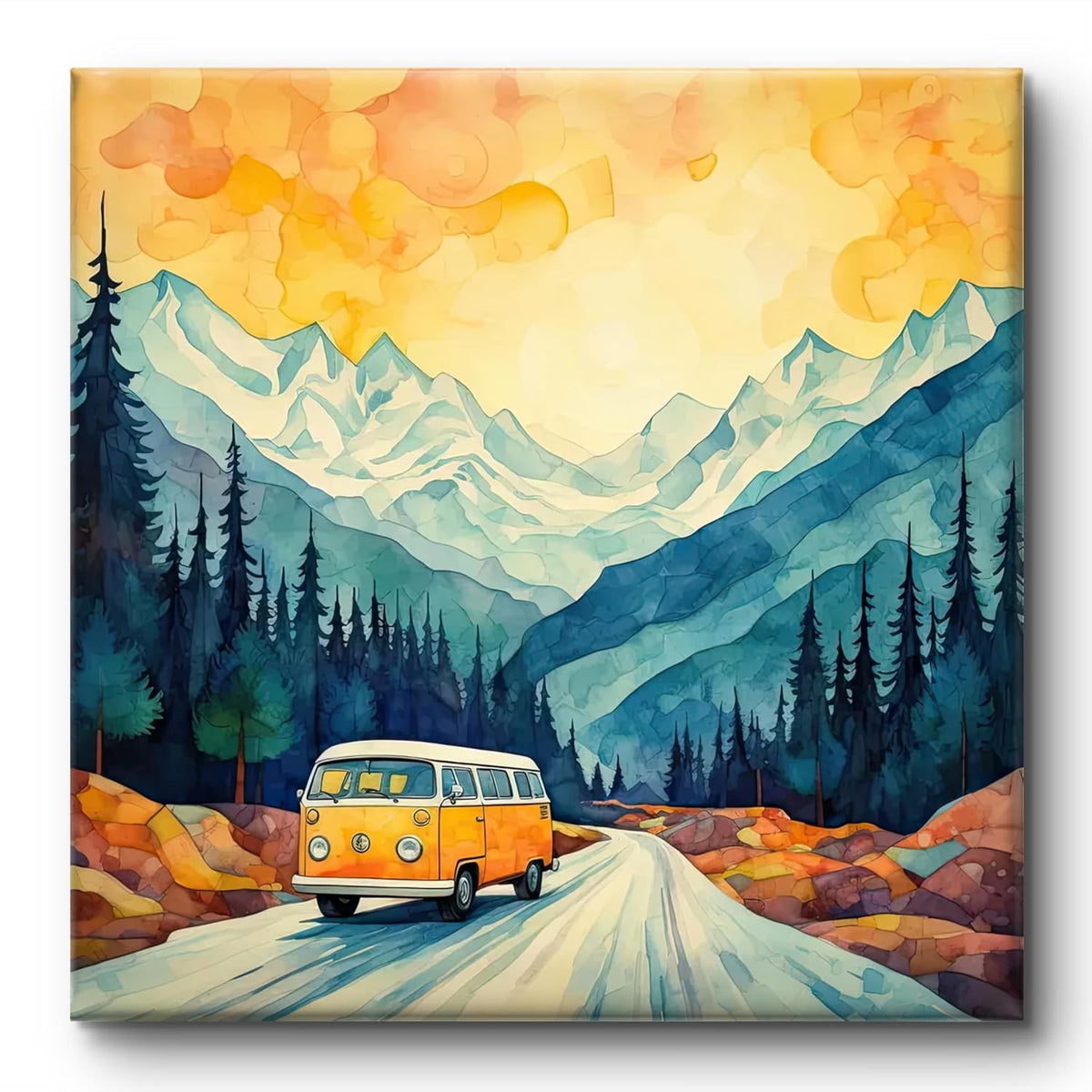 Mountain Landscape Canvas Wall Art, Yellow VW Van Print, Watercolour Nature Scene 16 Inch x 16 Inch CVS-38115