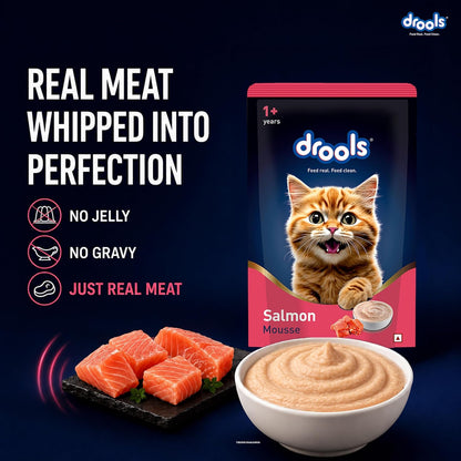 Drools Adult Cat Wet Mousse 80g Pack of 5, 400g | Salmon Flavour | Rich in Protein | Promotes Hydration & Easy to Digest | No Artificial Flavours | Packed with Essential Vitamins & Antioxidants