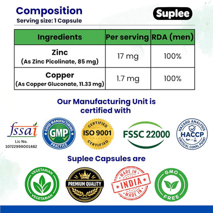 Suplee Zinc Picolinate with Copper Gluconate | High Absorption Zinc Supplement | Immunity, Skin Health & Muscle Support | 90 Veg Capsules