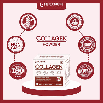 Biotrex Nutraceuticals Collagen Powder Supplement - 15 Sachets For Men & Women, Marine Collagen Powder Supports Healthy Skin, Luscious Hair, Flexible Joints, Shiny Nails, Cranberry Flavour