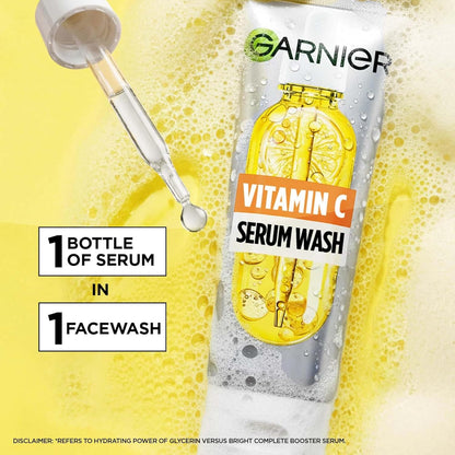 Garnier Vitamin C Serum Wash packaging with dropper on a yellow background