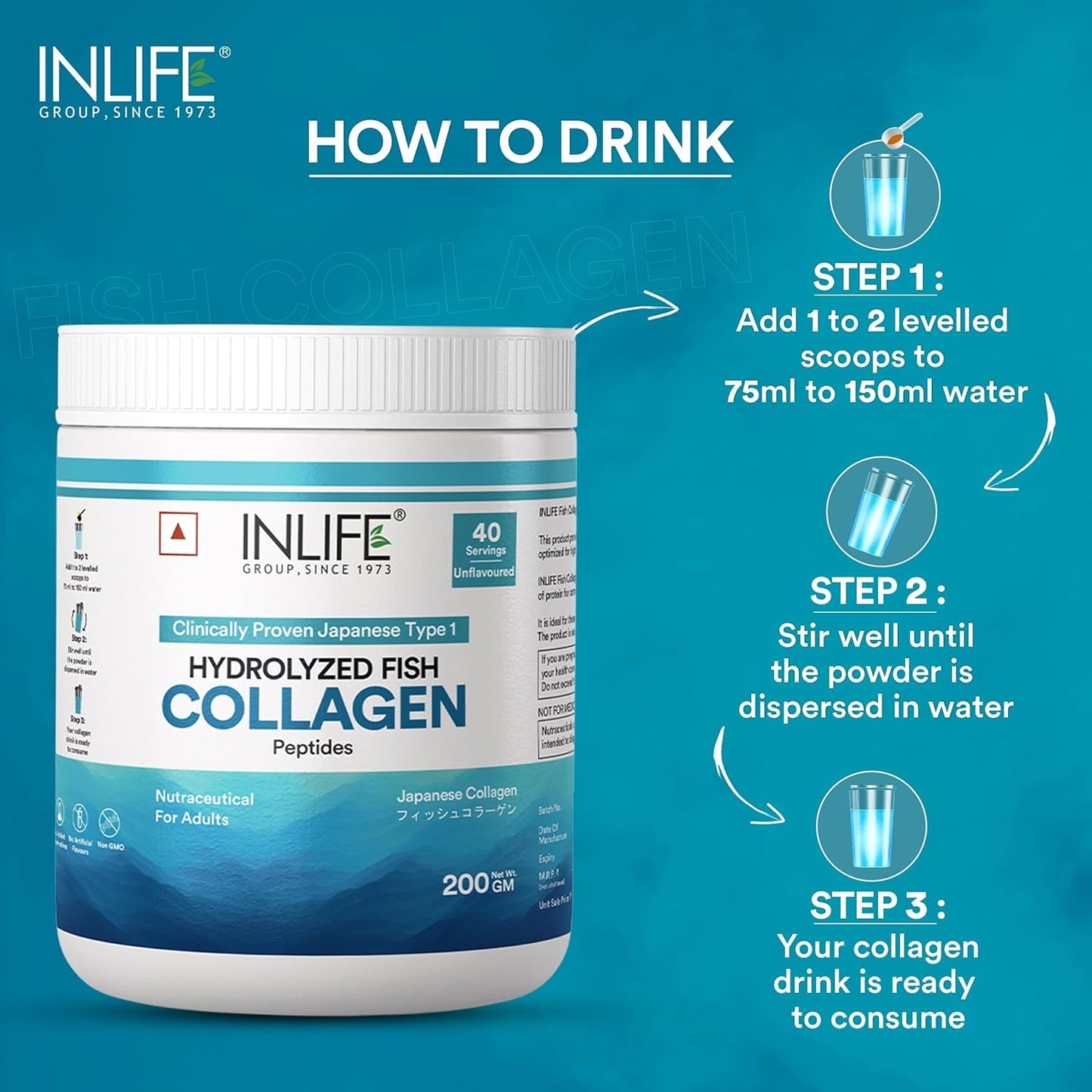 INLIFE Japanese Marine Collagen Supplements | Clinically Proven Ingredient | Hydrolyzed Fish Collagen Powder for Skin, Hair & Joints for Women & Men (Unflavored)