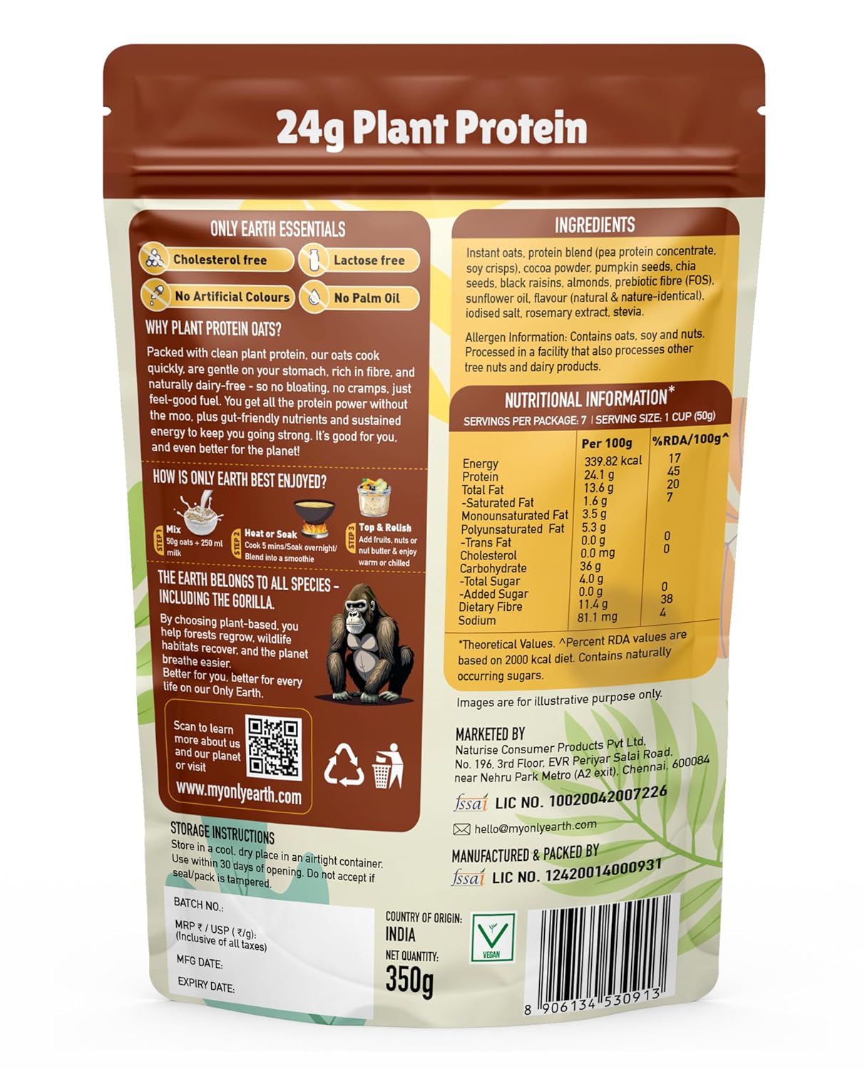 Only Earth Protein Oats | Chocolate | High Protein Instant Oats | 24g Plant Protein | High Fibre | Dairy-Free | No Added Sugar | With Pea Protein, Cocoa & Seeds | Easy Breakfast | 350g