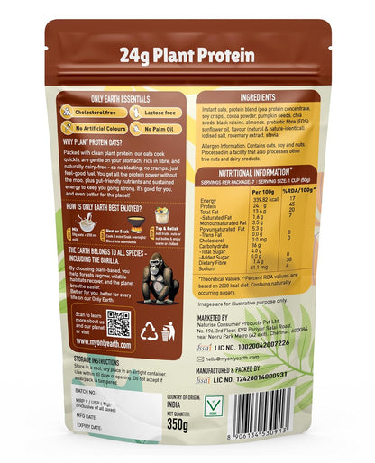 Only Earth Protein Oats | Chocolate | High Protein Instant Oats | 24g Plant Protein | High Fibre | Dairy-Free | No Added Sugar | With Pea Protein, Cocoa & Seeds | Easy Breakfast | 350g