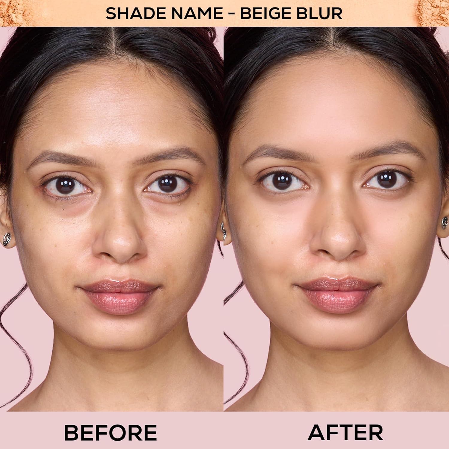 Before and after comparison of a woman's face with beige blur effect on a pink background.