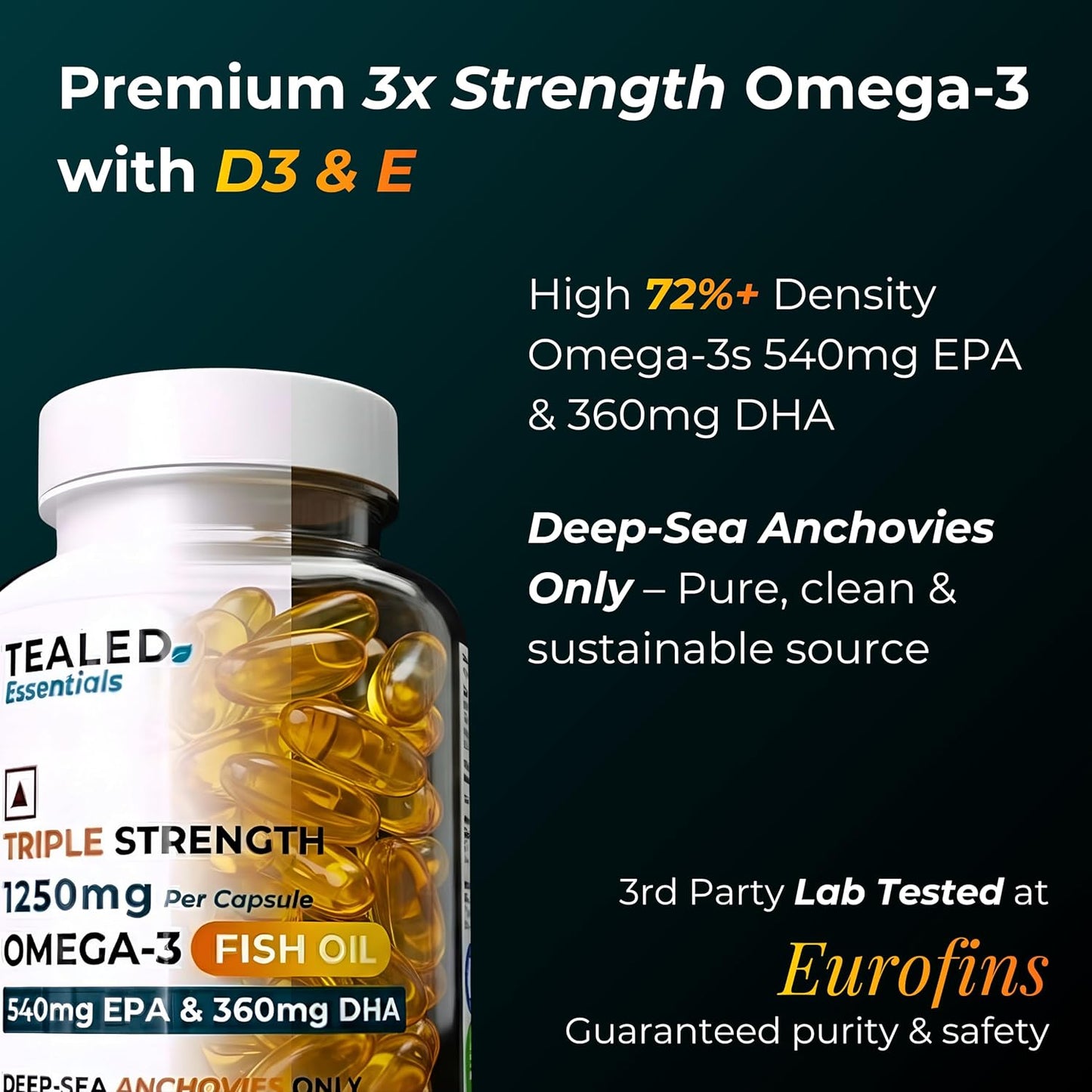 Tealed Omega 3 Fish Oil 1250mg | Triple Strength | 540mg EPA + 360mg DHA | Eurofins Lab Tested | With Vitamin D3 & E | Heart Brain Joint Support | No Fishy Burps | 60 Lemon Softgels for Men & Women