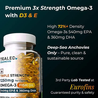 Tealed Omega 3 Fish Oil 1250mg | Triple Strength | 540mg EPA + 360mg DHA | Eurofins Lab Tested | With Vitamin D3 & E | Heart Brain Joint Support | No Fishy Burps | 60 Lemon Softgels for Men & Women