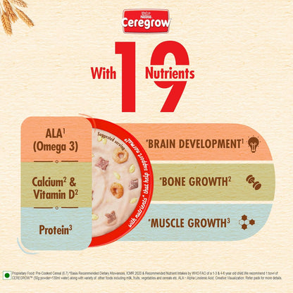 CEREGROW Multigrain Cereal with Milk & Fruits, NO Refined Sugar, from 2-6 Years, with Iron, Protein, Calcium, Omega 3, Instant Cereal, 300g, Bag-in-Box Pack
