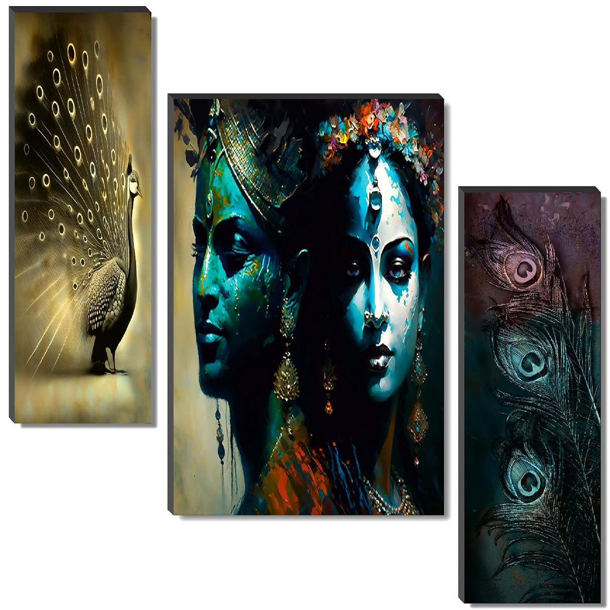 Radha Krishna Mystic Teal & Golden Peacock Wall Art – 3-Panel UV-Printed Spiritual Triptych | Ready-to-Hang Home Décor (20 Inch x 12 Inch) JM-35293