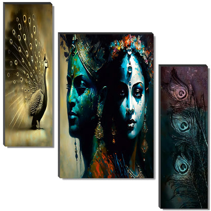 Radha Krishna Mystic Teal & Golden Peacock Wall Art – 3-Panel UV-Printed Spiritual Triptych | Ready-to-Hang Home Décor (20 Inch x 12 Inch) JM-35293