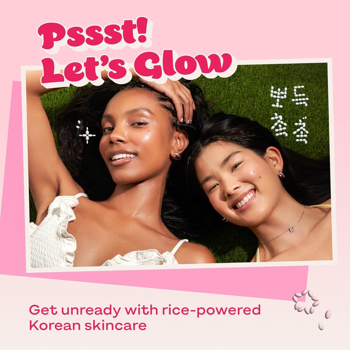 Two women lying on grass with promotional text for rice-powered Korean skincare.