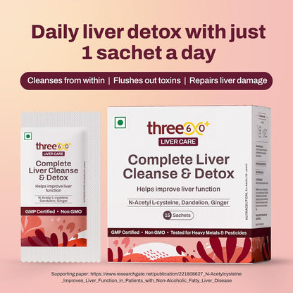 three60+ Complete Liver Cleanse & Detox | Daily detox for your liver | Helps Reduce SGOT/SGPT levels | 30 Sachets | With NAC, ALA, Dandelion & Ginger