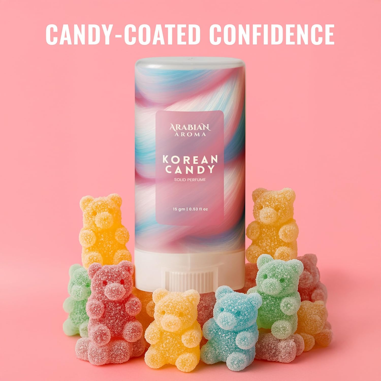 Korean candy-themed perfume bottle with colorful gummy bear toys on a pink background