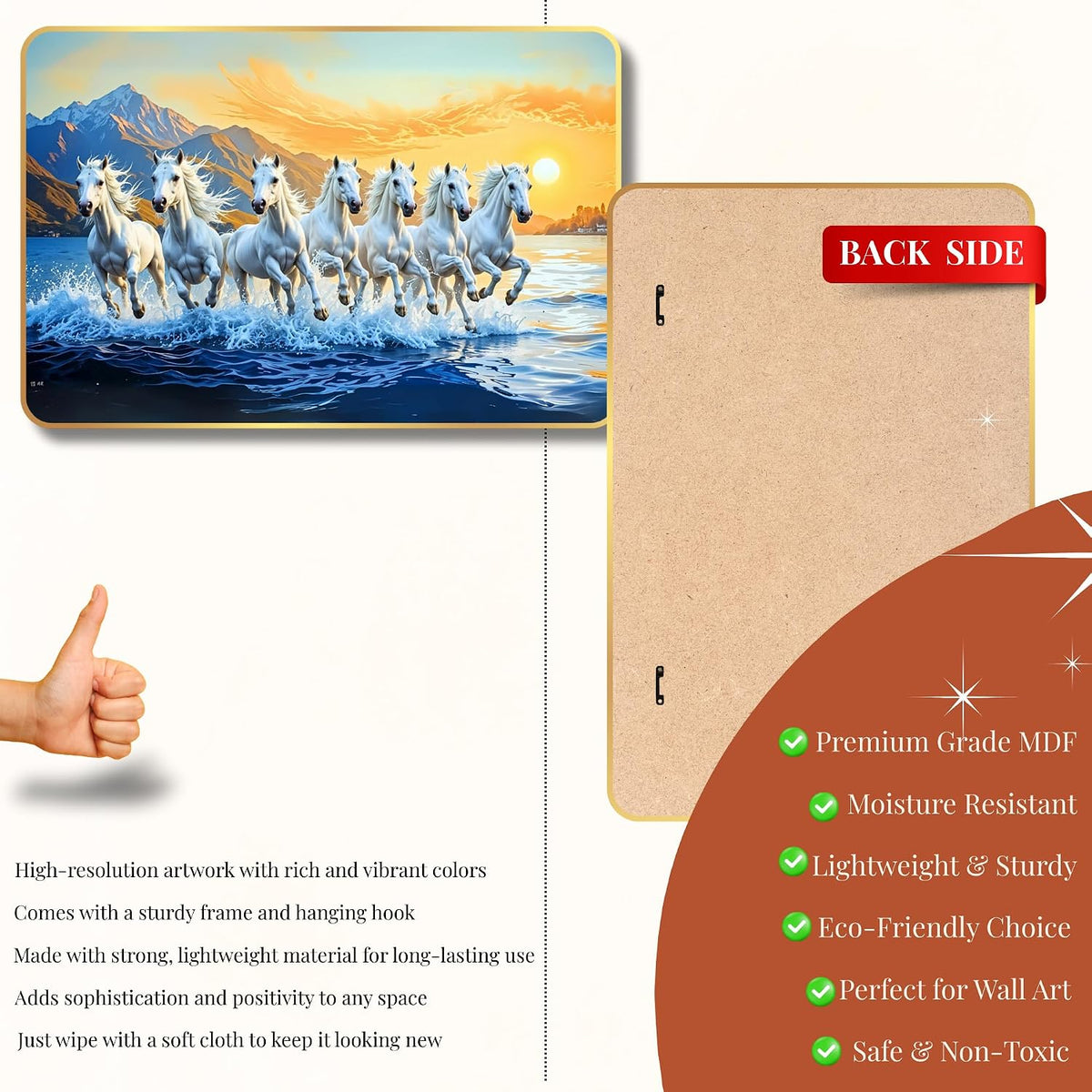 7 Running Horses MDF Wall Art 12x18 Inch | Golden Border Vastu Painting for Home & Office Décor | Modern Elegant Wall Hanging Frame for Living Room, Bedroom (Design 2)