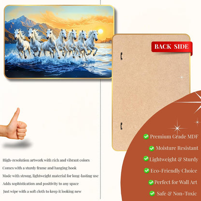 7 Running Horses MDF Wall Art 12x18 Inch | Golden Border Vastu Painting for Home & Office Décor | Modern Elegant Wall Hanging Frame for Living Room, Bedroom (Design 2)